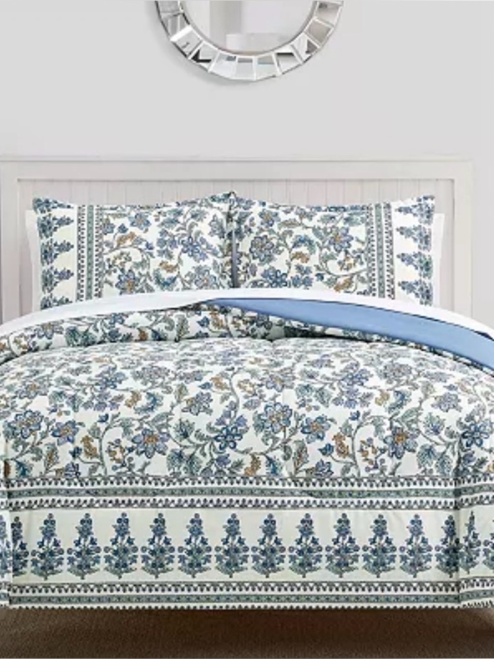 Jasmine Floral Queen Reverse able Blue & White 3 pc comforter Set Matching Shams